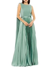 Pleated Charmeuse Cape A-Line Gown