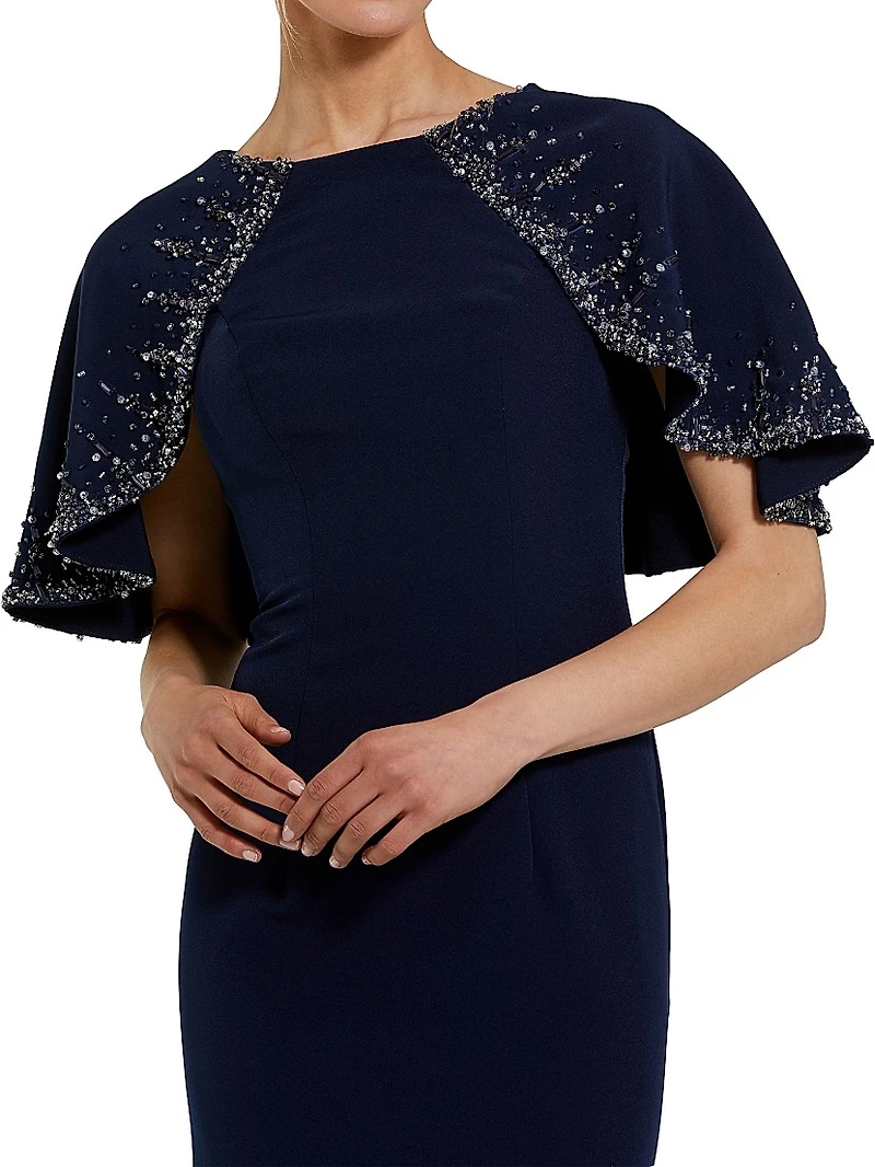 Crêpe Beaded Shawl Column Gown