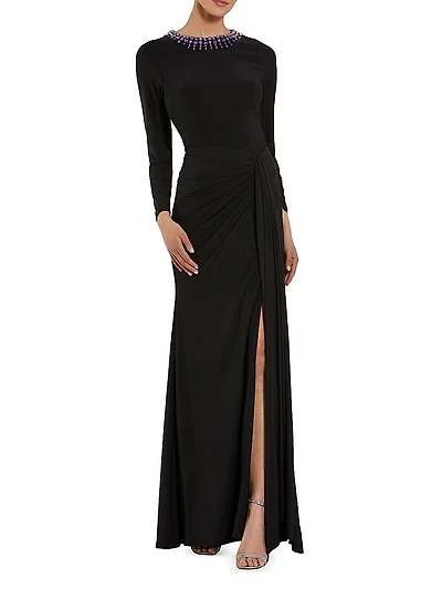 Jersey Beaded Neck Tie Slip Gown
