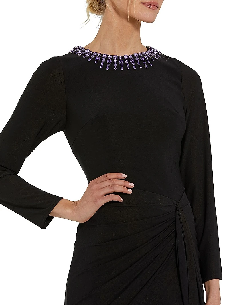 Jersey Beaded Neck Tie Slip Gown