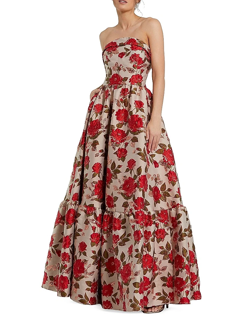 Peony Brocade Strapless Gown