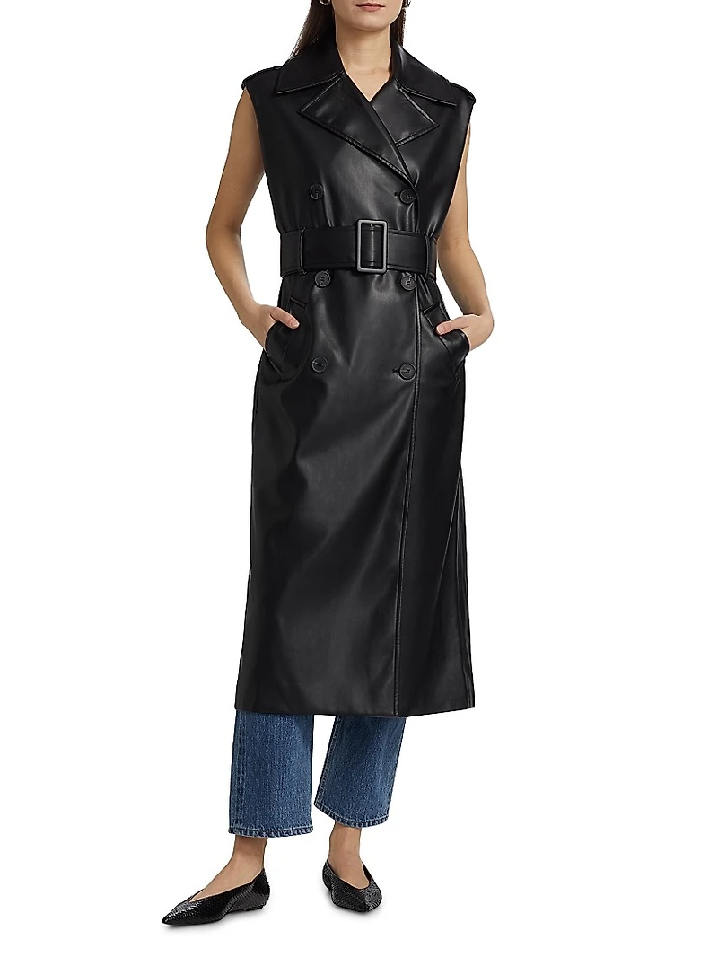 Faux Leather Sleeveless Trench Coat