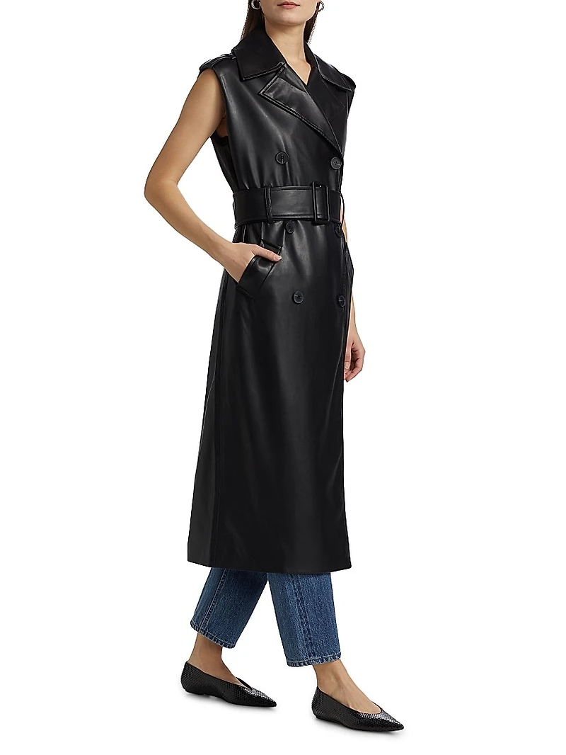 Faux Leather Sleeveless Trench Coat