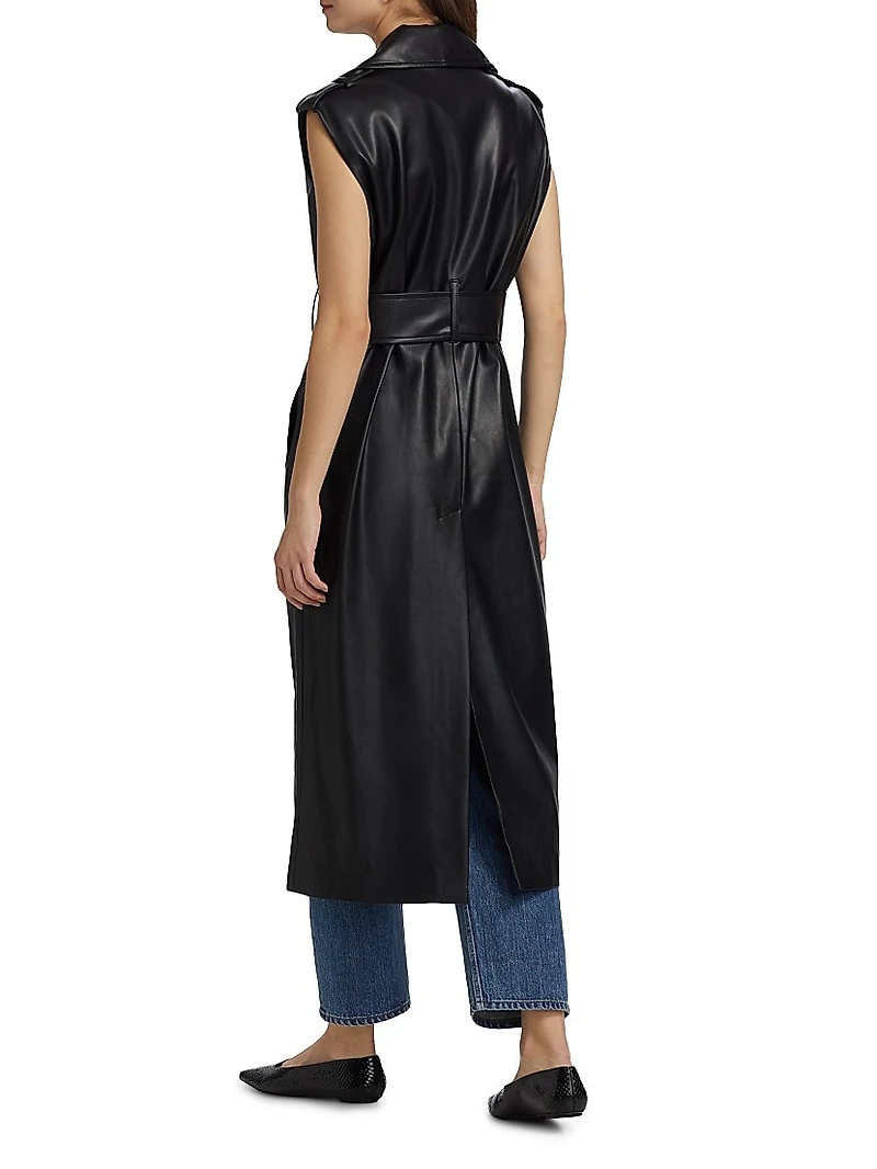 Faux Leather Sleeveless Trench Coat