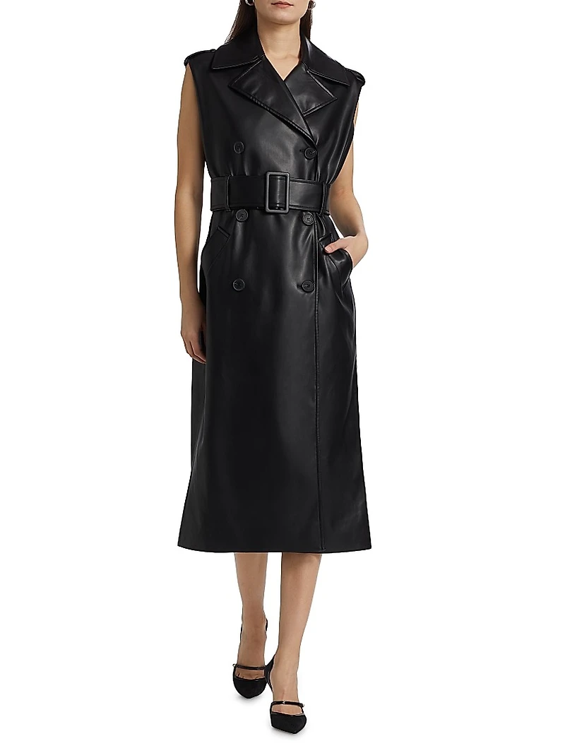 Faux Leather Sleeveless Trench Coat