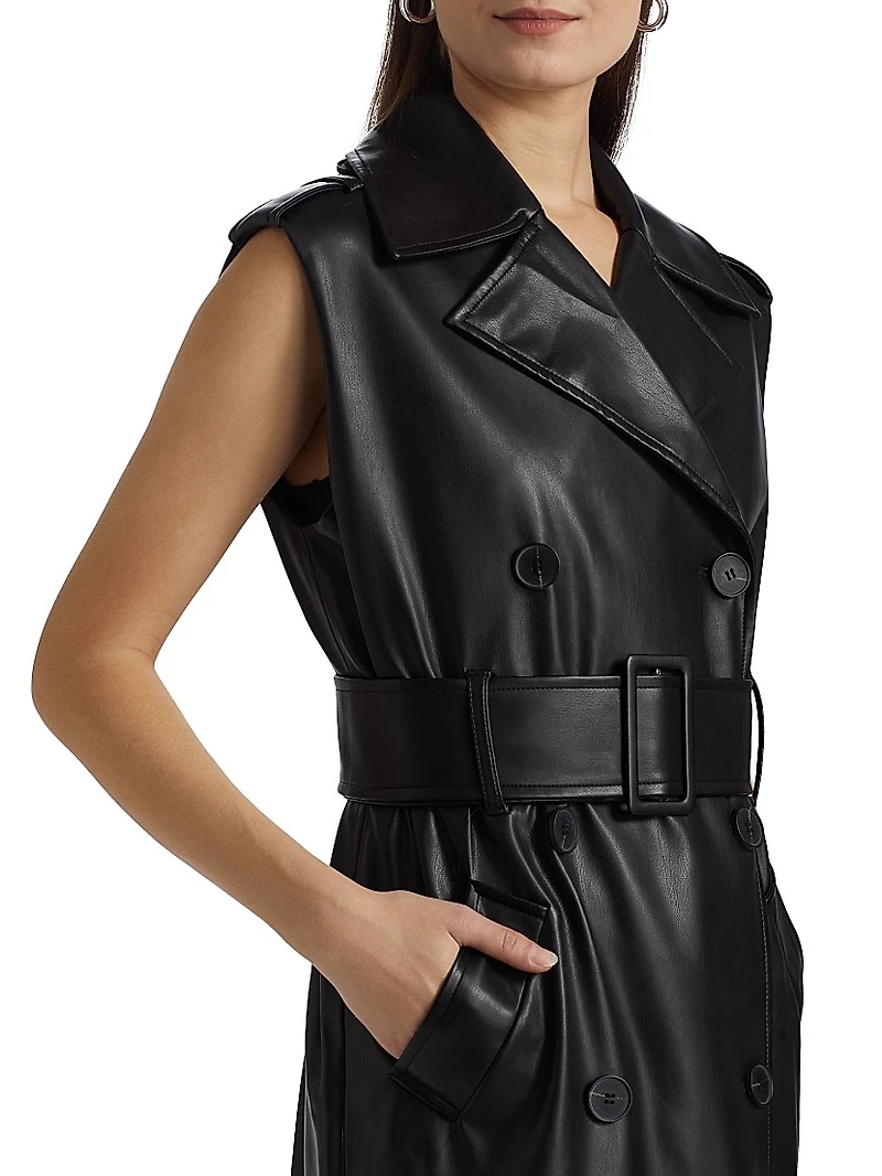 Faux Leather Sleeveless Trench Coat