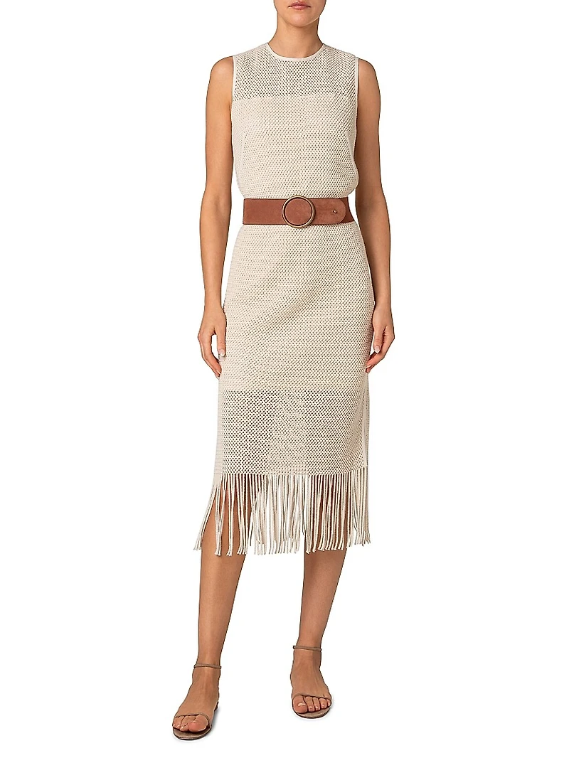 Cotton-Blend Mesh Belted Midi-Dress