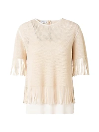 Fringed Cotton-Blend Mesh Blouse