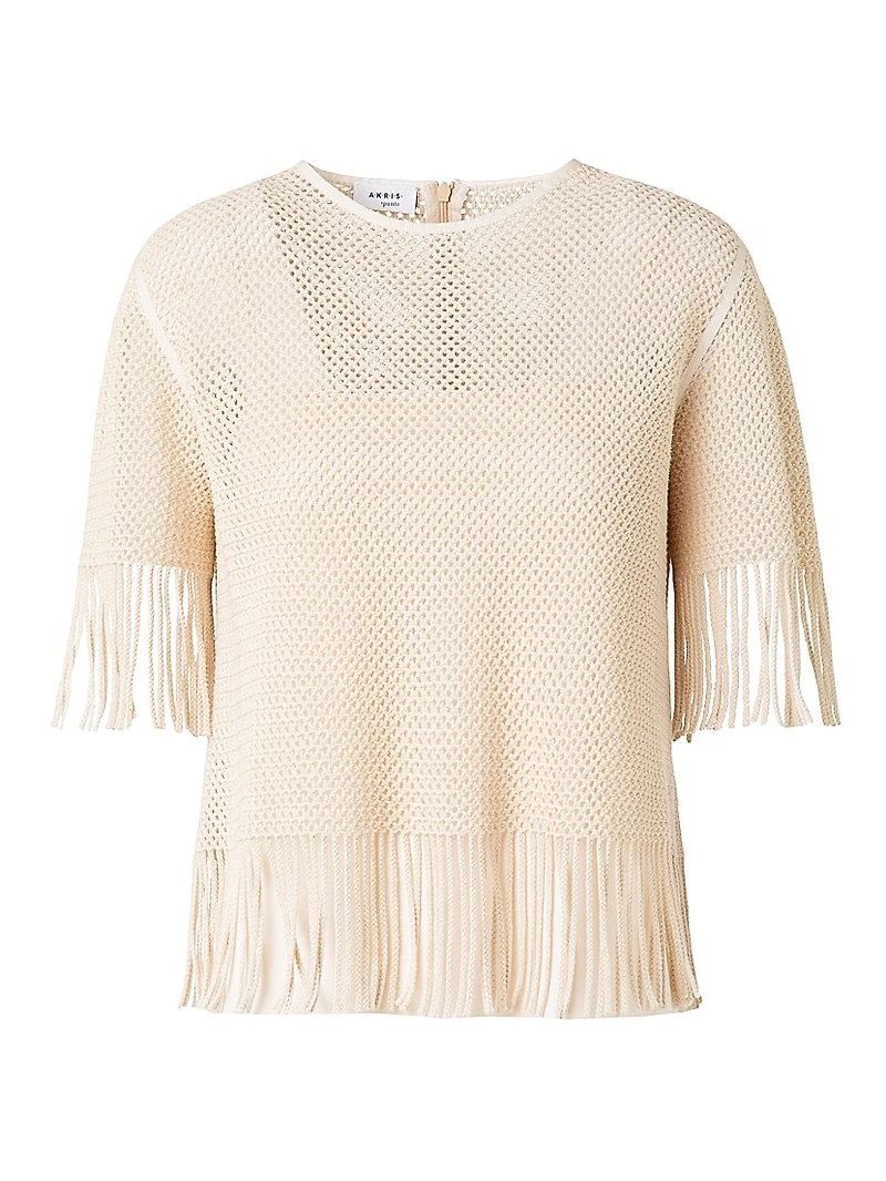 Fringed Cotton-Blend Mesh Blouse