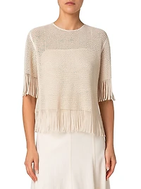 Fringed Cotton-Blend Mesh Blouse