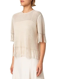 Fringed Cotton-Blend Mesh Blouse