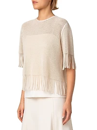 Fringed Cotton-Blend Mesh Blouse