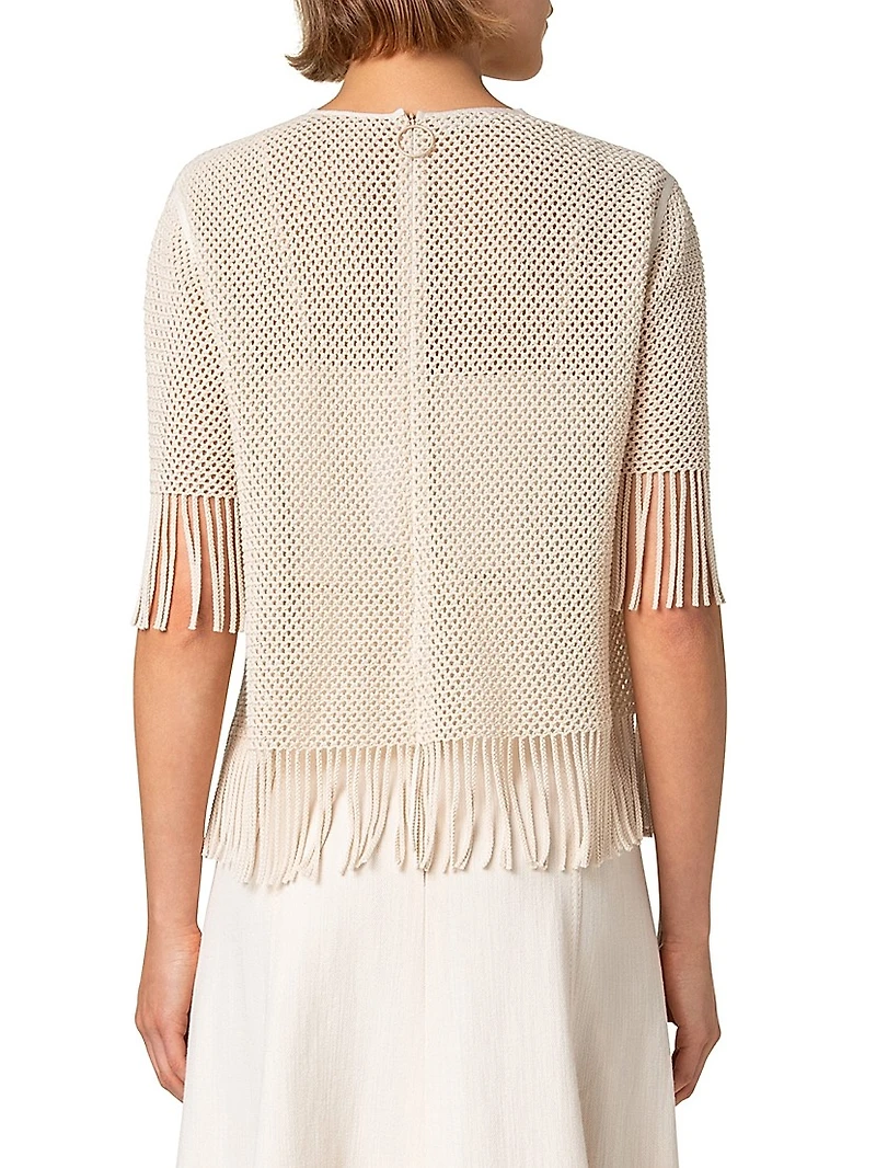 Fringed Cotton-Blend Mesh Blouse