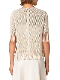 Fringed Cotton-Blend Mesh Blouse