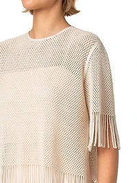 Fringed Cotton-Blend Mesh Blouse
