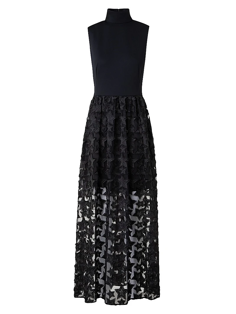 Jersey & Star-Embroidered Tulle Maxi Dress
