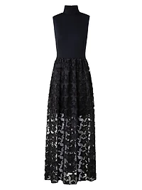 Jersey & Star-Embroidered Tulle Maxi Dress