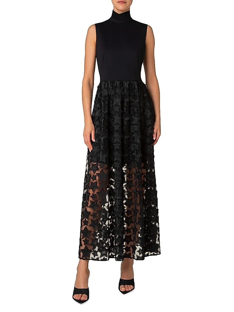 Jersey & Star-Embroidered Tulle Maxi Dress