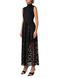 Jersey & Star-Embroidered Tulle Maxi Dress