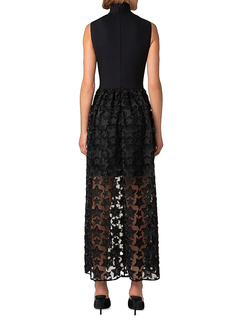 Jersey & Star-Embroidered Tulle Maxi Dress