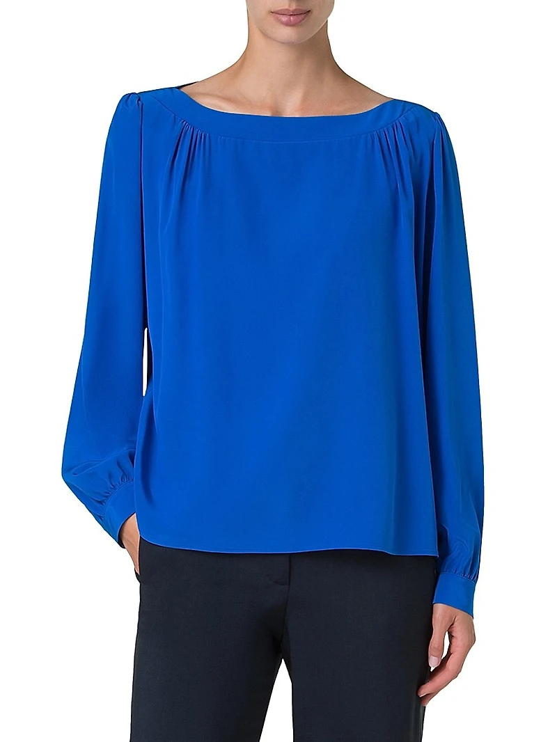 Silk-Crepe Boatneck Blouse