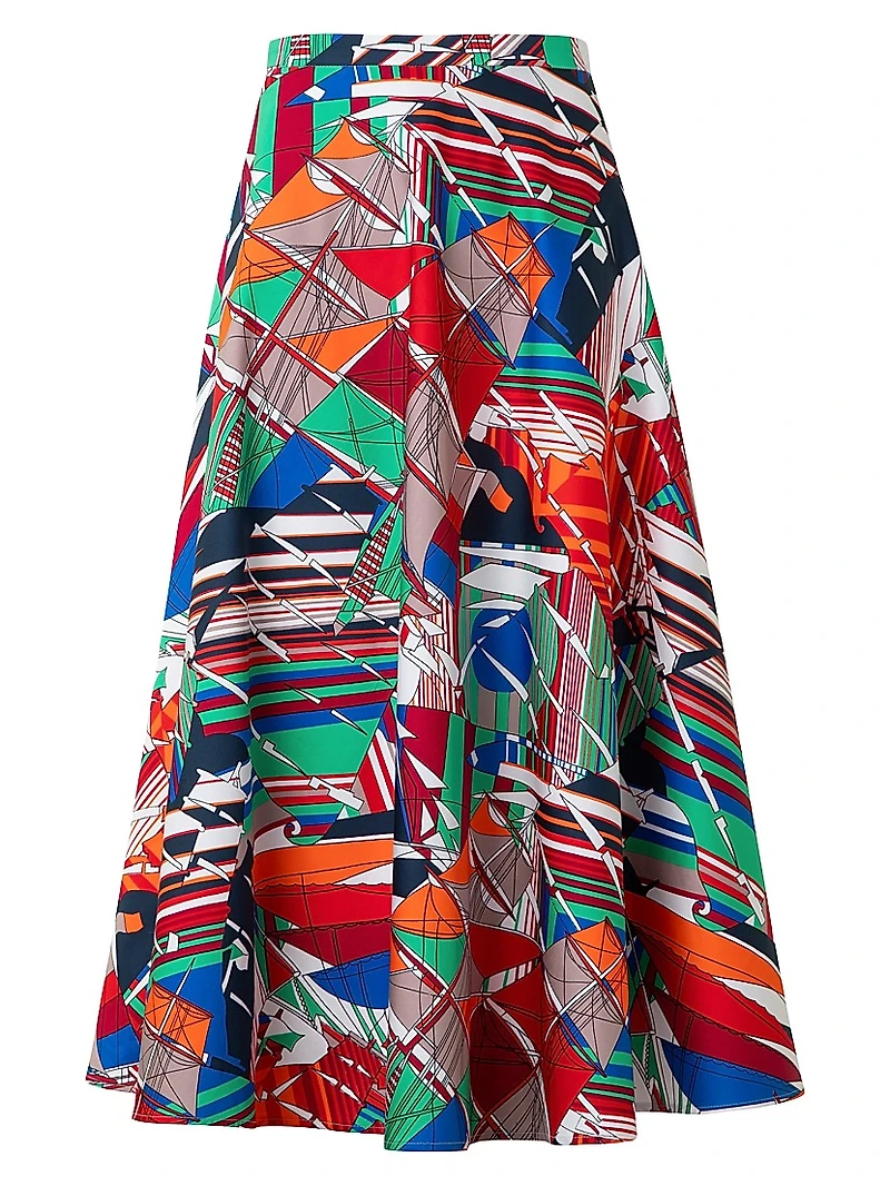 Abstract Cotton Satin Midi-Skirt