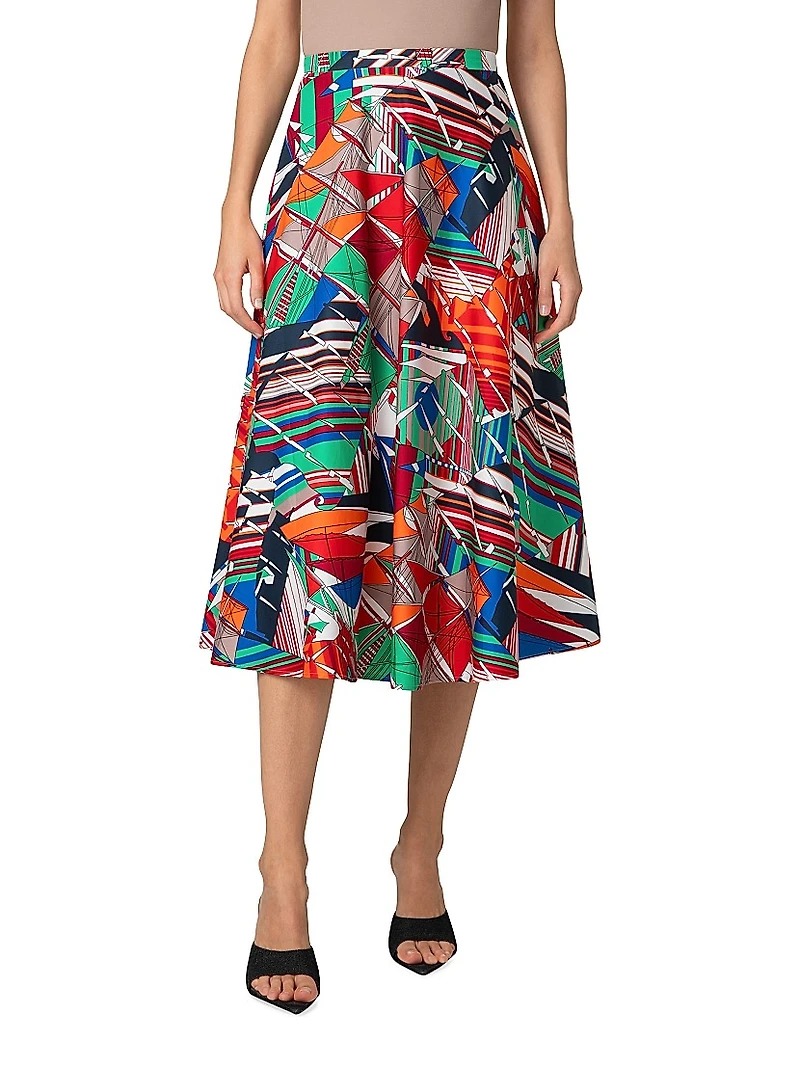 Abstract Cotton Satin Midi-Skirt