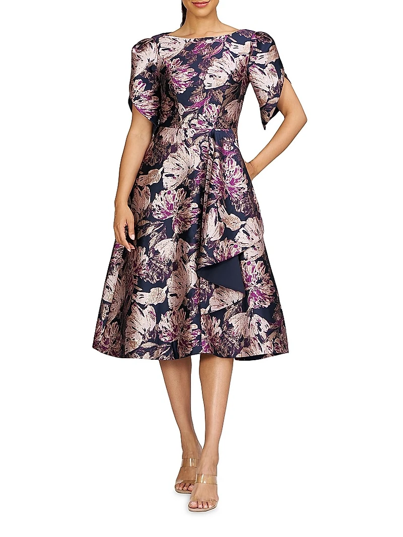Natasha Floral Metallic Jacquard Short-Sleeve Midi-Dress