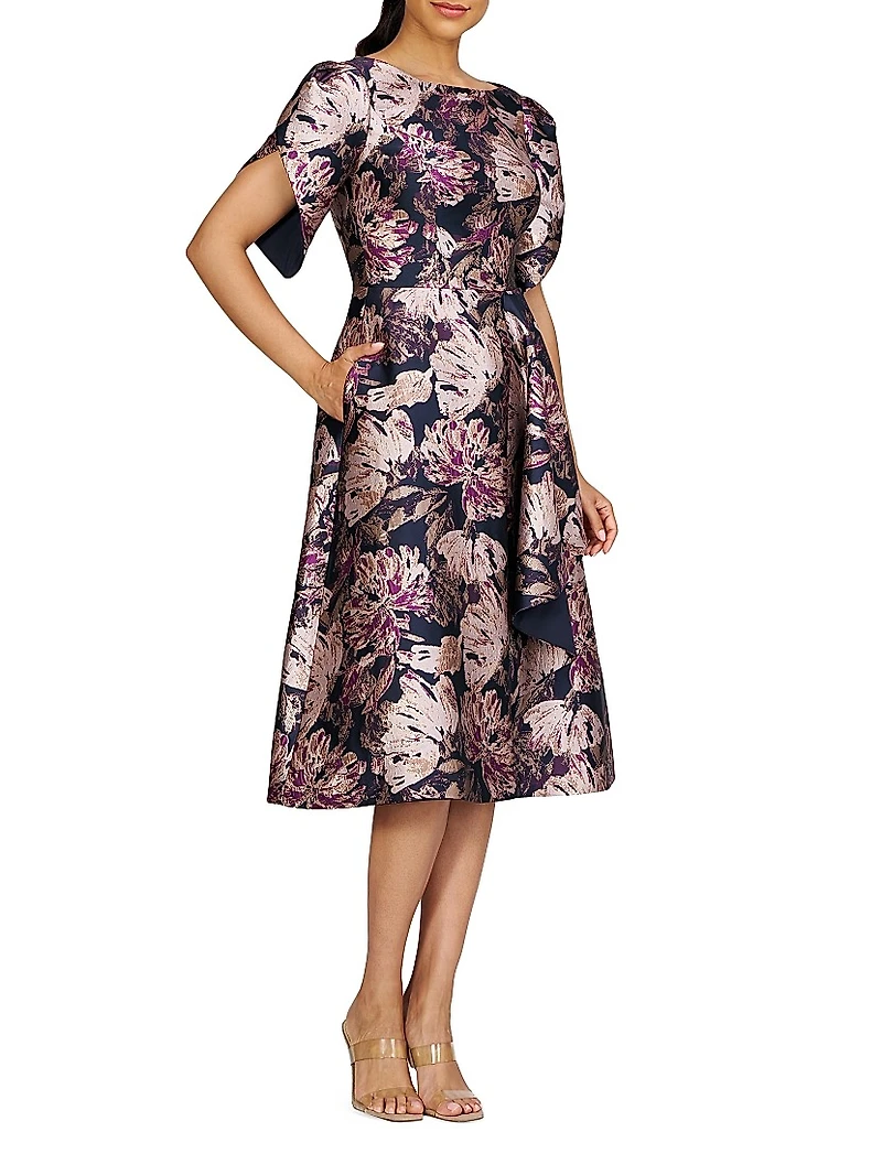 Natasha Floral Metallic Jacquard Short-Sleeve Midi-Dress