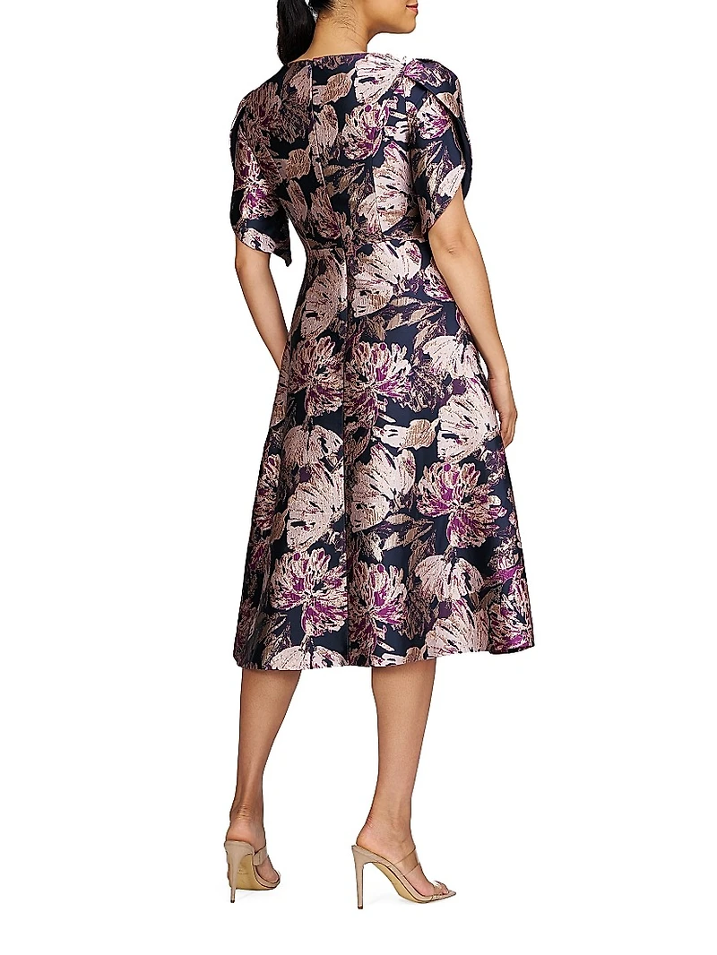 Natasha Floral Metallic Jacquard Short-Sleeve Midi-Dress