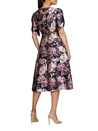 Natasha Floral Metallic Jacquard Short-Sleeve Midi-Dress