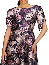 Natasha Floral Metallic Jacquard Short-Sleeve Midi-Dress