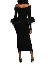 Feather-Cuff Fitted Cut-Out Midi-Dress