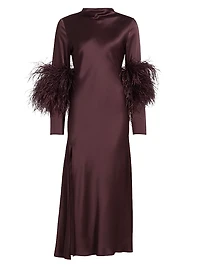 Feather-Cuff Satin Midi-Dress