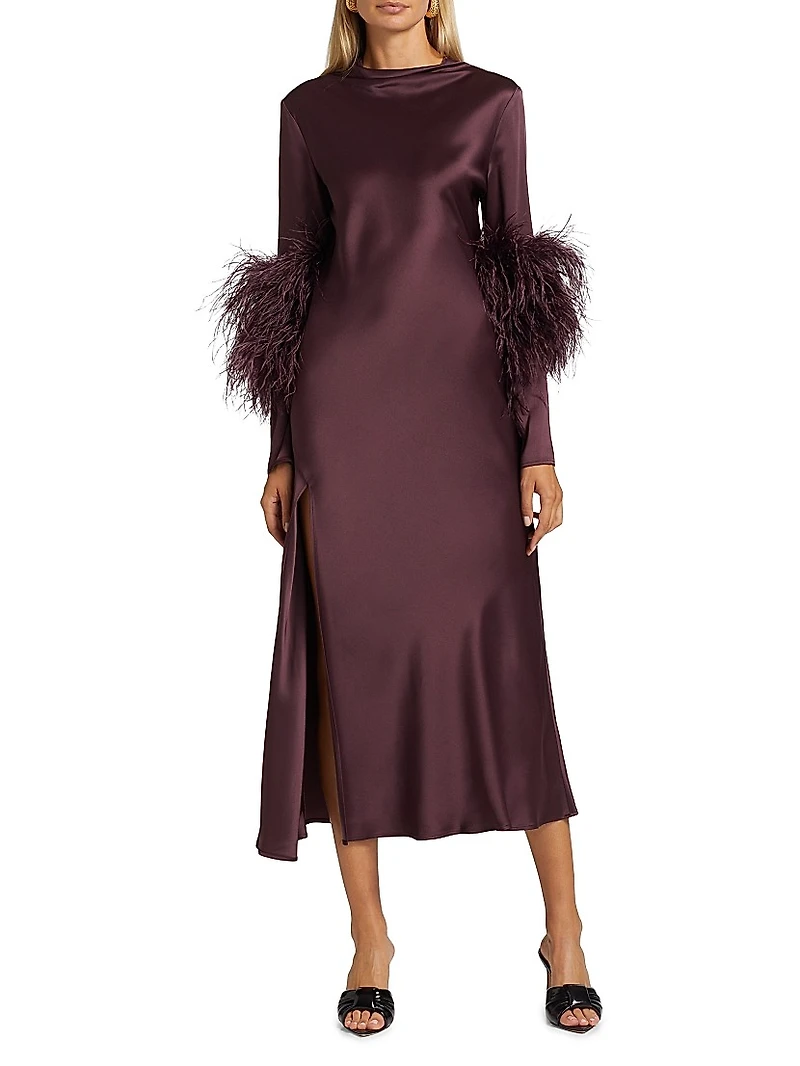 Feather-Cuff Satin Midi-Dress