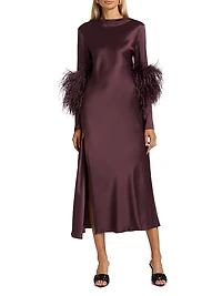 Feather-Cuff Satin Midi-Dress