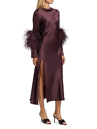 Feather-Cuff Satin Midi-Dress