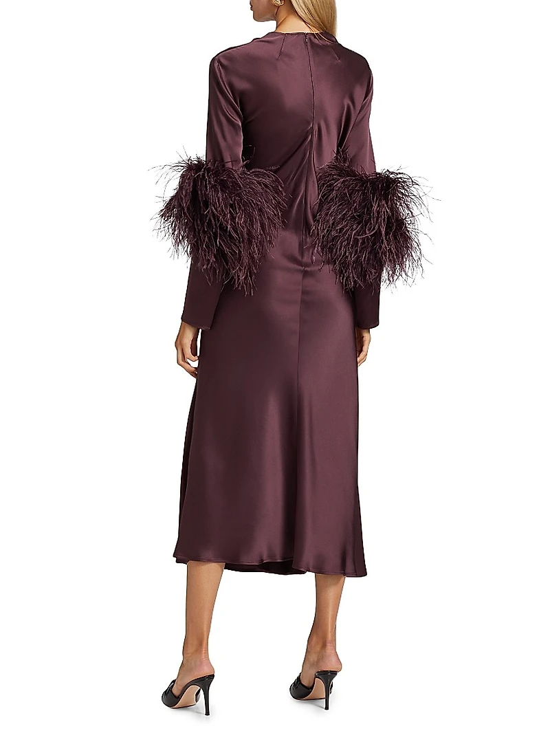 Feather-Cuff Satin Midi-Dress
