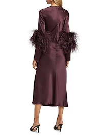 Feather-Cuff Satin Midi-Dress