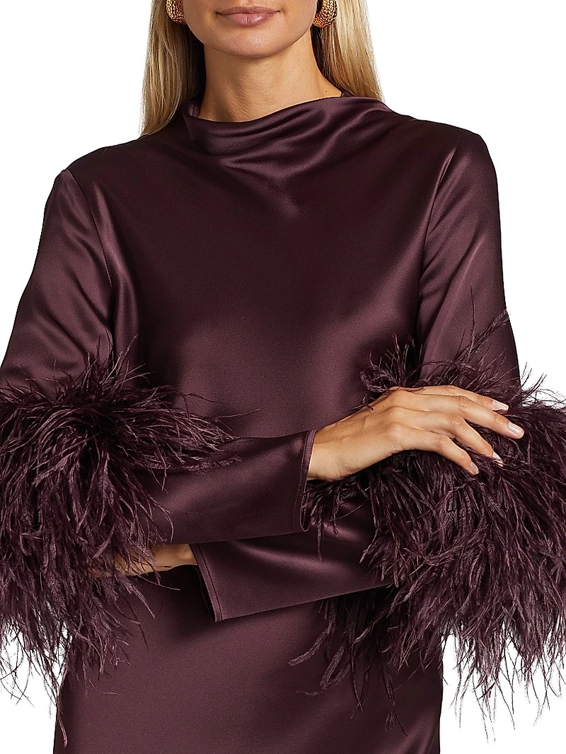 Feather-Cuff Satin Midi-Dress