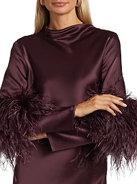 Feather-Cuff Satin Midi-Dress