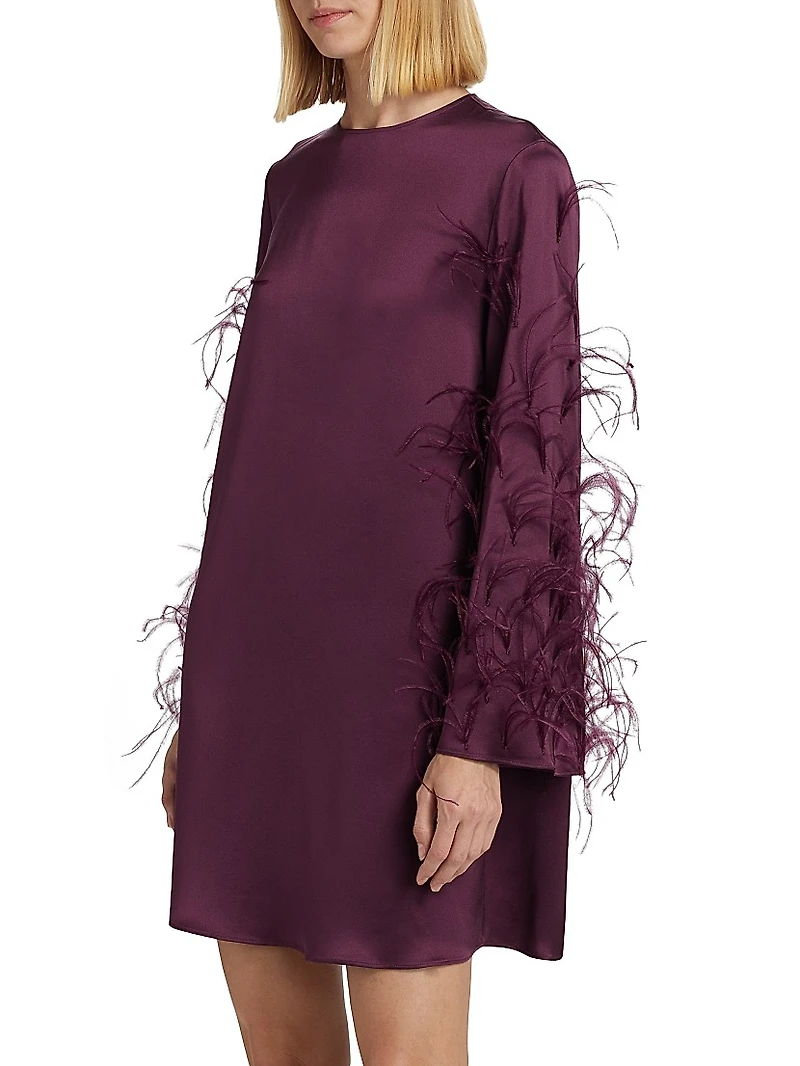 Feather Embellished Satin Shift Minidress