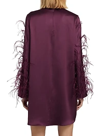 Feather Embellished Satin Shift Minidress