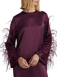 Feather Embellished Satin Shift Minidress