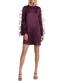 Feather Embellished Satin Shift Minidress