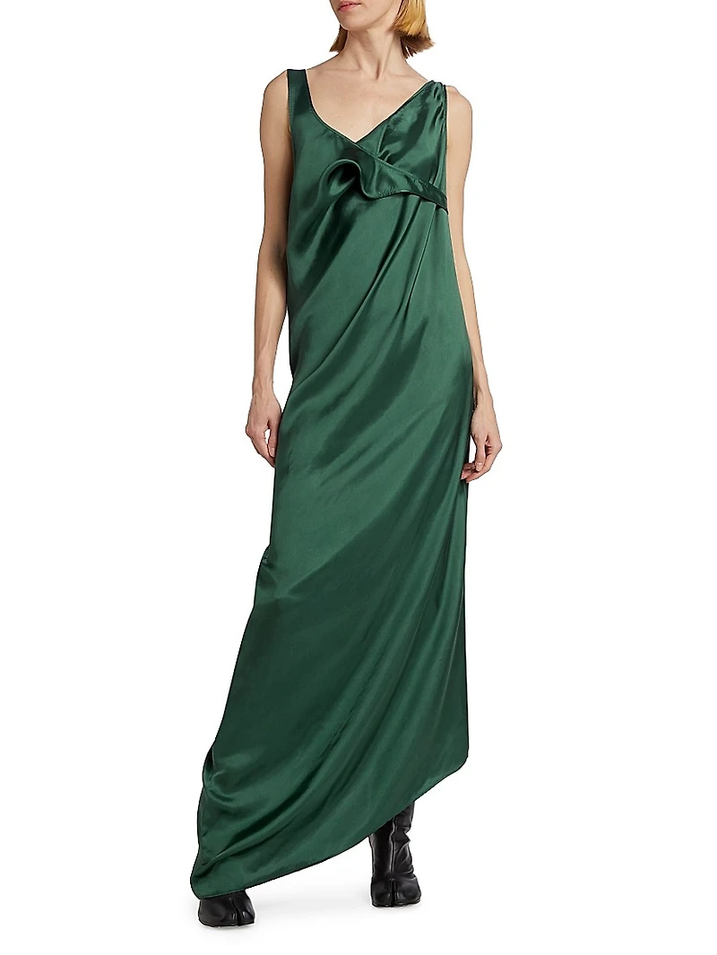 Satin Asymmetric Draped Maxi Dress