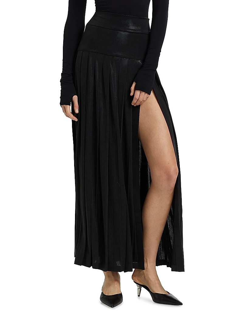 Pleated Slit Maxi Skirt