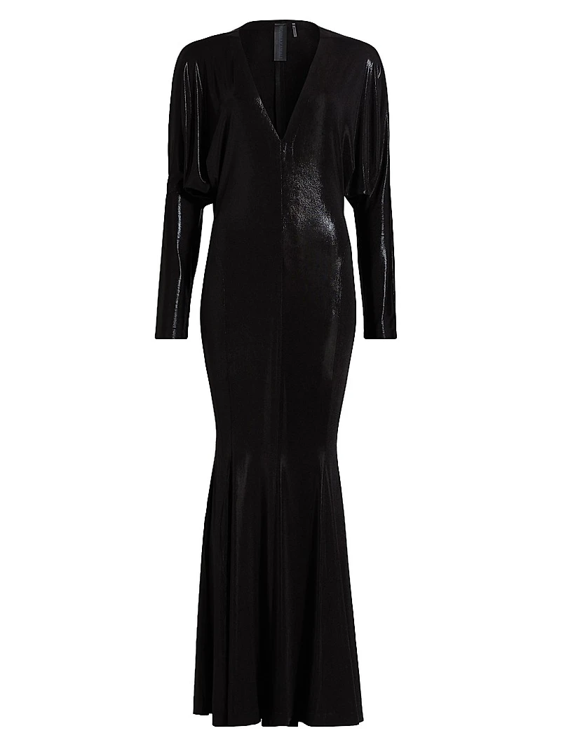 Dolman-Sleeve V-Neck Fishtail Gown