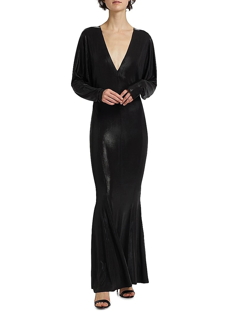 Dolman-Sleeve V-Neck Fishtail Gown