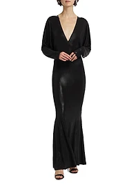 Dolman-Sleeve V-Neck Fishtail Gown